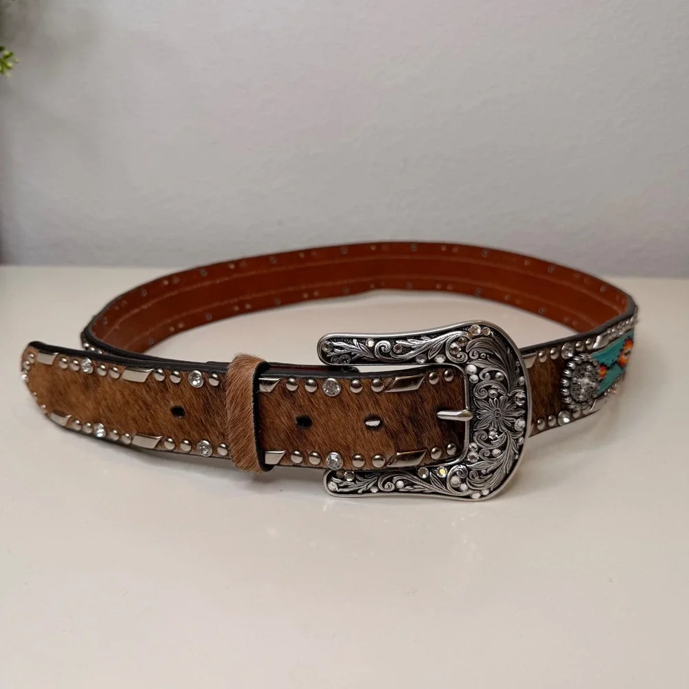 Ariat Belt Womens Brown Hair On Hide Beaded Rhinestone Western Boho A1515402 M